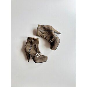 PROENZA SCHOULER Peat Suede Leather Moto Biker Platform Ankle Boots, Size 37.5